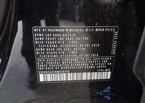 2022 Volkswagen Tiguan 2.0T Se z USA, uszkodzony, nr VIN 3VV2B7AX7NM078742